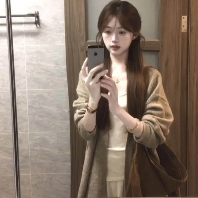 Korean-style Cozy Oatmeal-colored Knit Cardigan For Women