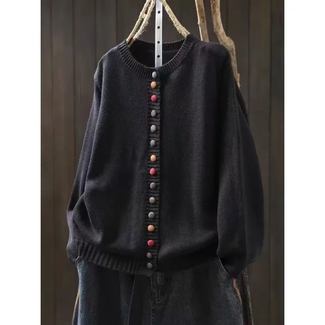 Women's Cotton Knitted Cardigan With Color Buckle Fashion Loose Black - Shop at LoveMi