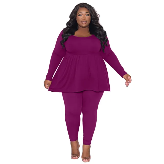 Women's Plus Size Solid Color Long Sleeve T Shirt Two Piece Set Purple - Shop at LoveMi