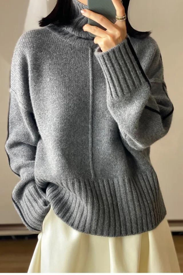 Loose Thickened High Collar Sweater Idle Matching Pure Wool Knit Bottoming Shirt Gray - Shop at LoveMi