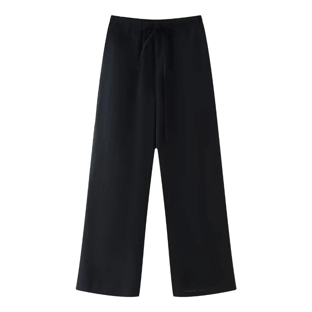 Casual Texture Lace-up Pyjamas Style Pants - Black