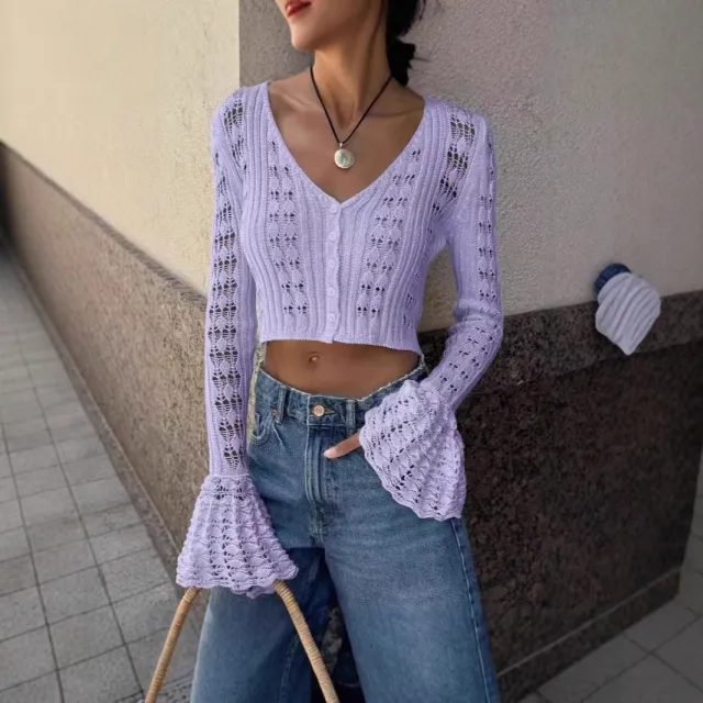 Women's Clothes Sexy Cutout Bell Sleeve Solid Color Short Knitted Top Lavender - Shop at LoveMi