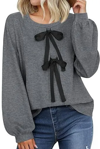 Women's Round Neck Front Lace up Bow T Pullover Split Long Sleeve Shirt Gray - Shop at LoveMi