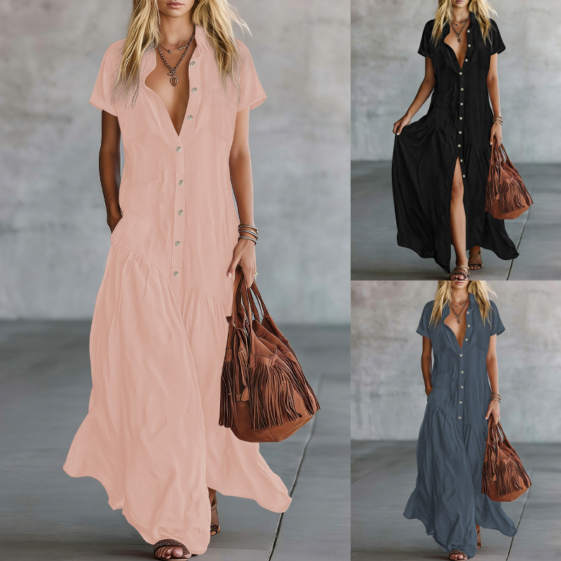 Womens Minimalist Solid-color Lapel Dress With Slanted Ruffled Hem