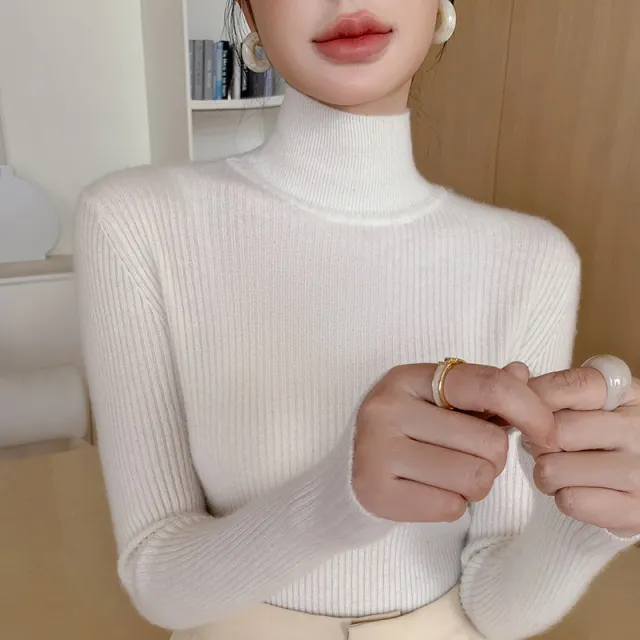 Women's Black Turtleneck Sweater Figure flattering And Slimming White - Shop at LoveMi