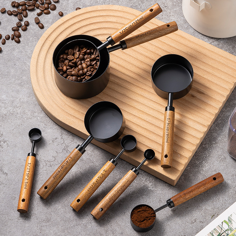 Stainless Steel Measuring Spoon And Measuring Cup 8-piece Set With Scale Walnut Wooden Handle Coffee Baking Tool