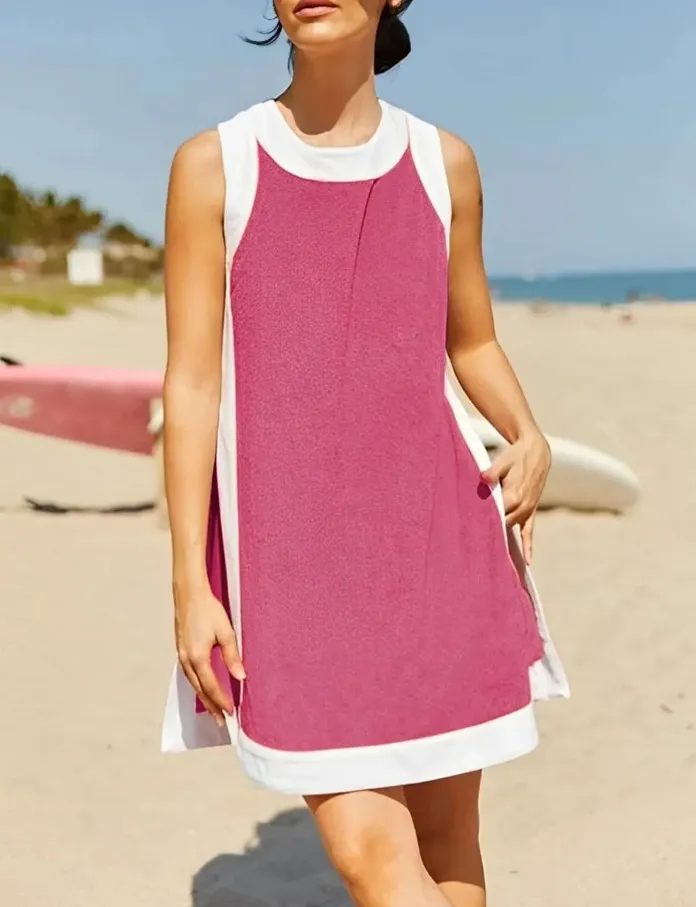 Women's Casual Multicolour Round Neck Sleeveless Top With Shorts Suit - Rose Red