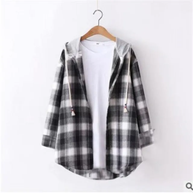 Retro Style Springsummer Autumn Plaid Shirt Women's Loose And Hooded Cardigan Coat Black - Shop at LoveMi