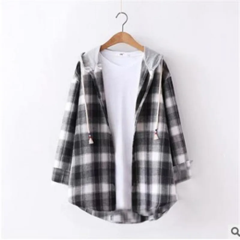 Retro Style Springsummer Autumn Plaid Shirt Women's Loose And Hooded Cardigan Coat - Retro Black White