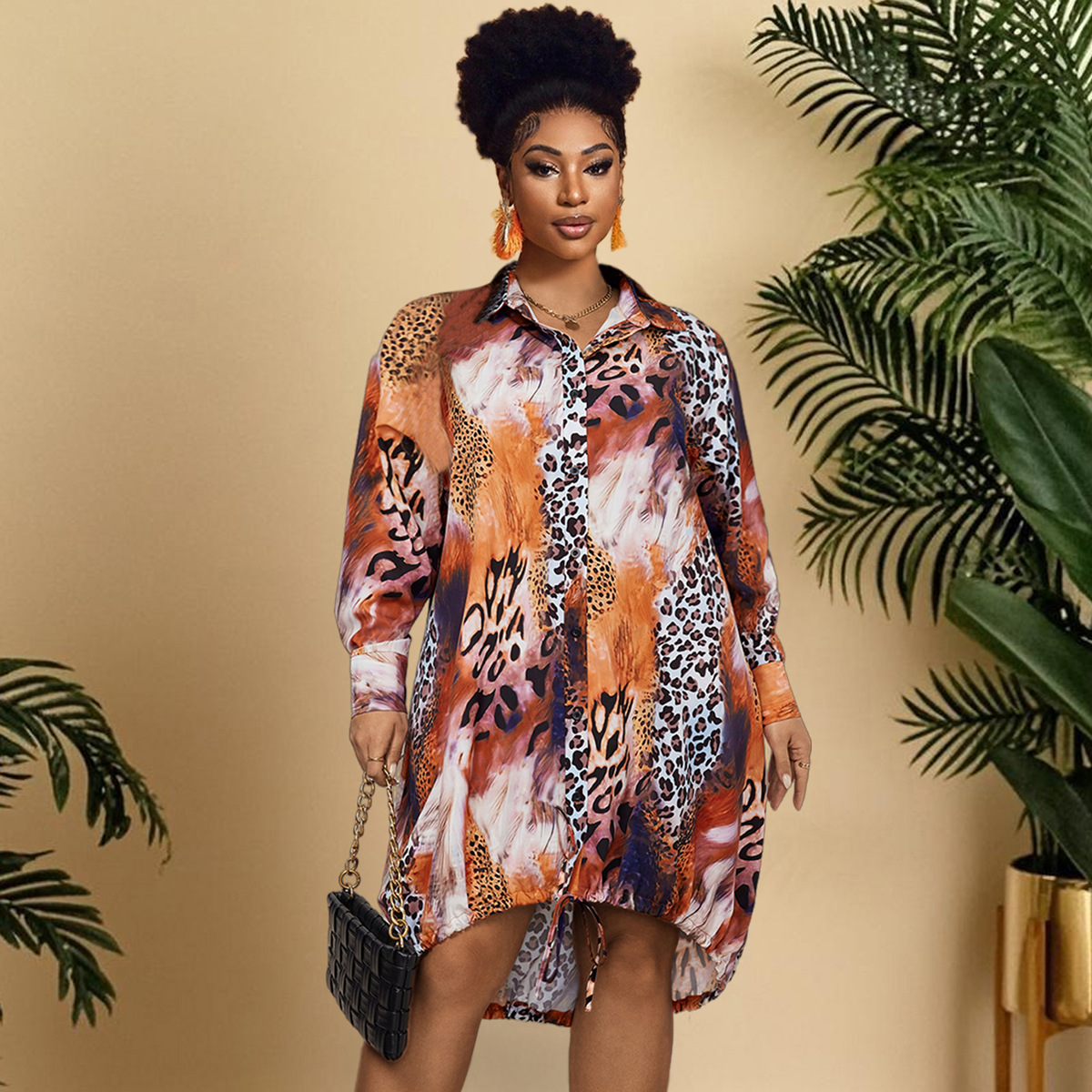 Long Sleeve Plus Size Women's Fashion Dress Brown - Shop at LoveMi