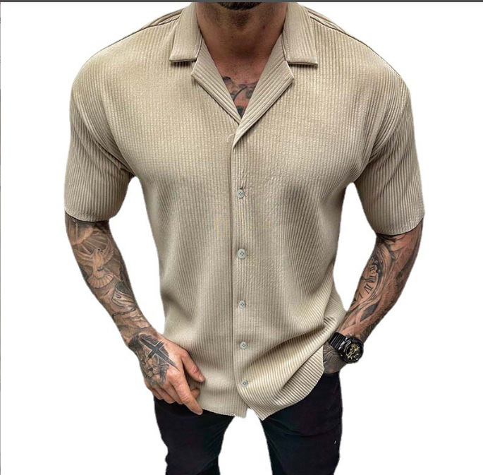 Mens-Cardigan-Solid-Color-Short-Sleeve-Shirt