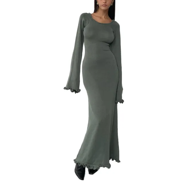 New Solid Color Stringy Selvedge Backless Knitted Long Dress For Women Gray - Shop at LoveMi