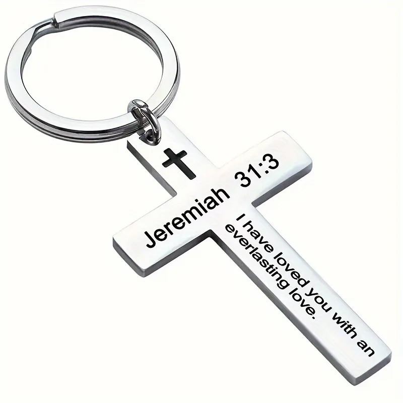 Personality Trend Stainless Steel Faith Cross Scripture Lettering Metal Keychains - 11Style