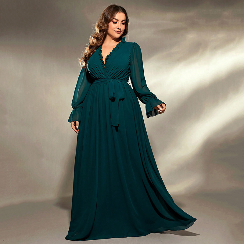 Women's Long Large Hem Green Chiffon Dress