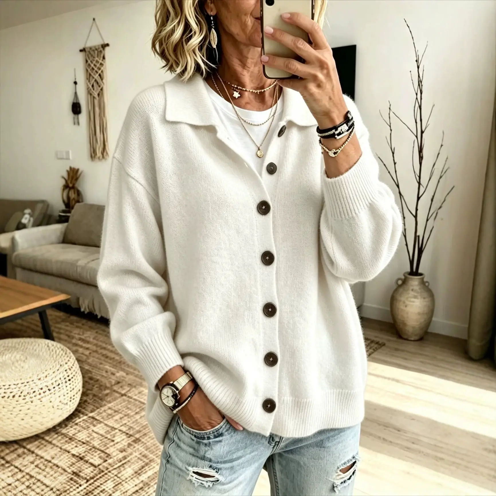 Knitted Cardigan With Buttons And A Lapel