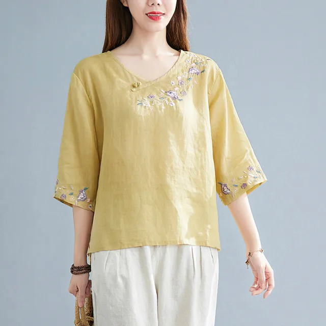 Women's Fashion Retro Button Embroidery V neck T shirt Yellow - Shop at LoveMi