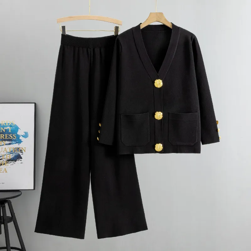 Casual Fashion Metal Buckle Knitted Cardigan Suit - Black
