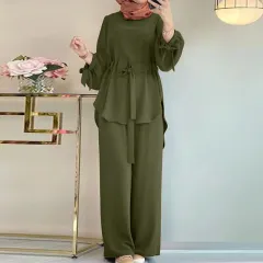 Women's Solid Colour Drawstring Lace Two-piece Round Neck Top Wide Leg Pants Elegant Suit - Green - View 1