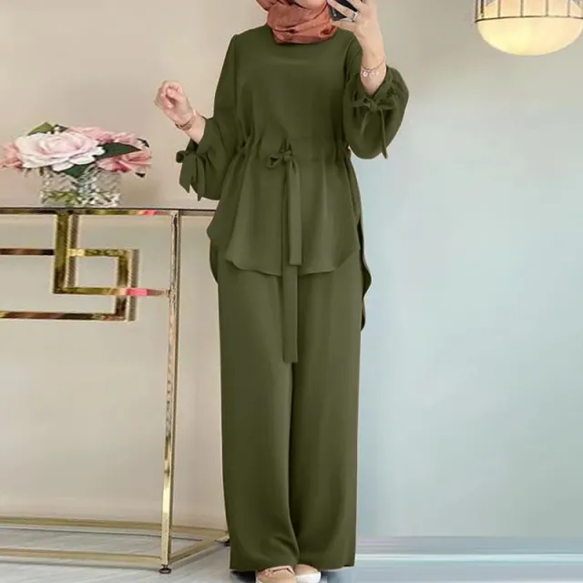 Women's Solid Color Drawstring Lace Two piece Round Neck Top Wide Leg Pants Elegant Suit Green - Shop at LoveMi