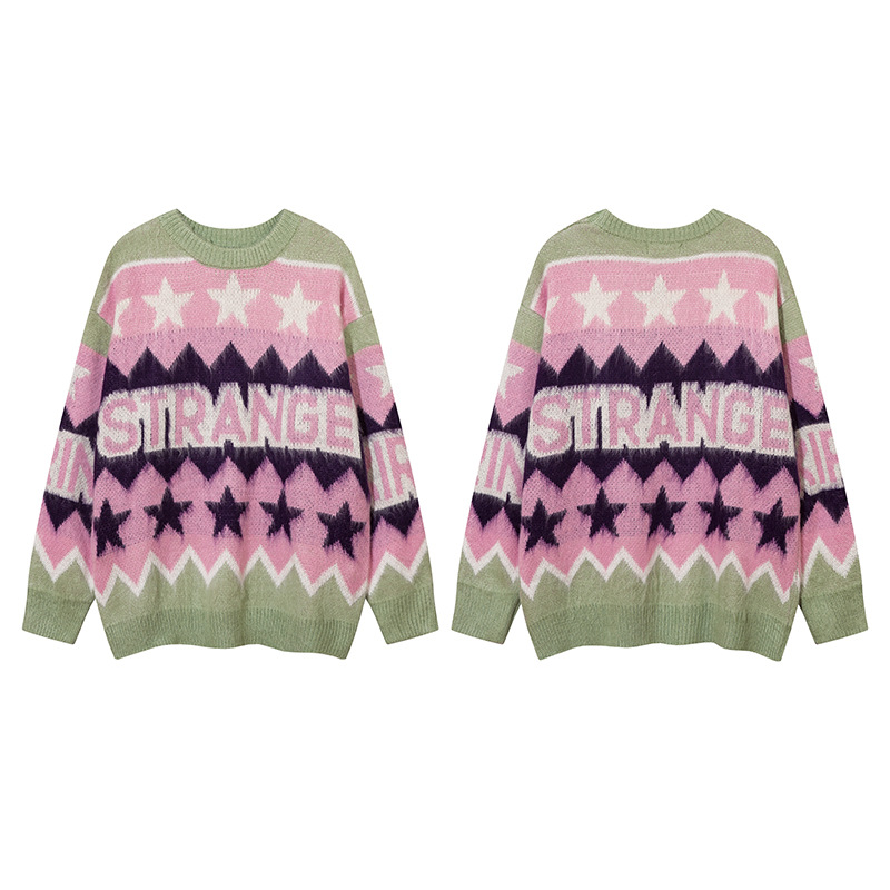 Polyester Five-pointed Star Contrast Color Jacquard Soft Glutinous Vintage  Retro Couple Sweater For Men And Women