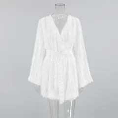 Fashion Feather Long Sleeve Nightgown Shorts Two-piece Set Ladies - White - View 1
