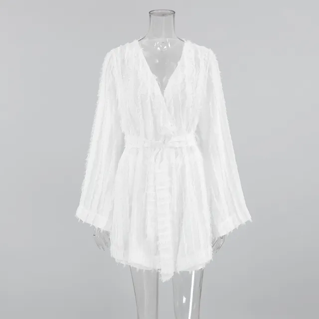 Fashion Feather Long Sleeve Nightgown Shorts Two piece Set Ladies White - Shop at LoveMi