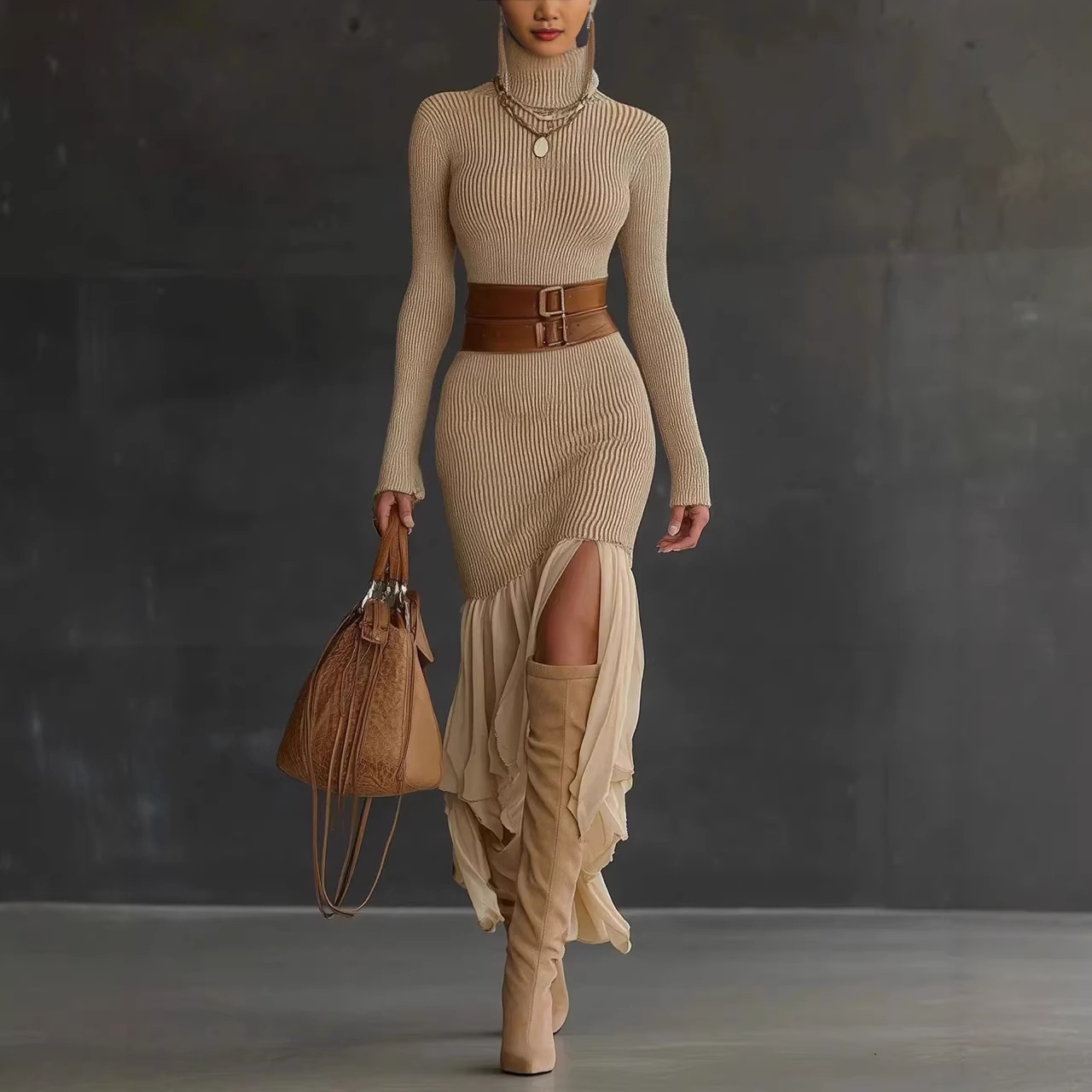 Womens High-neck Ribbed Midi Dress For Spring Autumn And Winter European And American Style