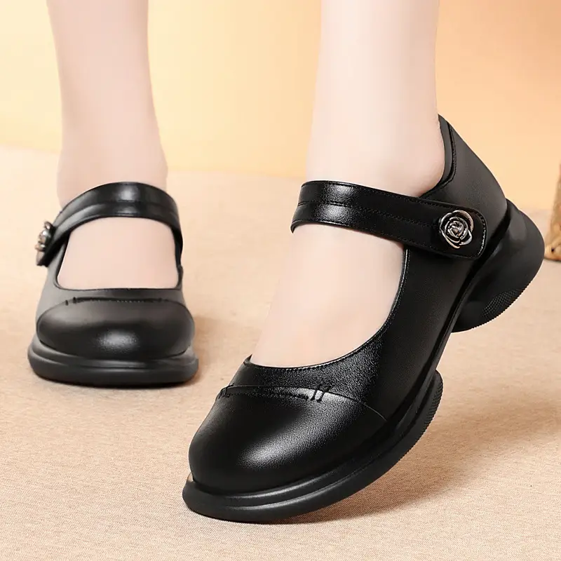 Black Womens Dress Shoes Soft Leather Soft Sole Round-toe Flat Shoes