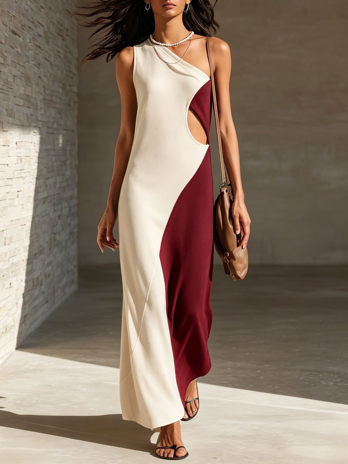 Sleeveless One-shoulder Color-blocked Midi Dress