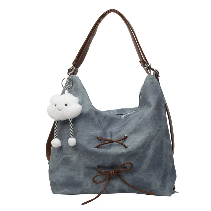 Retro Denim Bag Women's Large Capacity Shoulder Messenger Bag Versatile Backpack - Blue