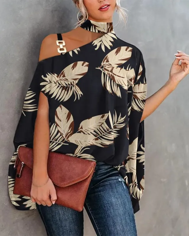 Wear Halter Shawl Printed Elegant Short Sleeve Bat Shirt Coconut Leaf - Shop at LoveMi