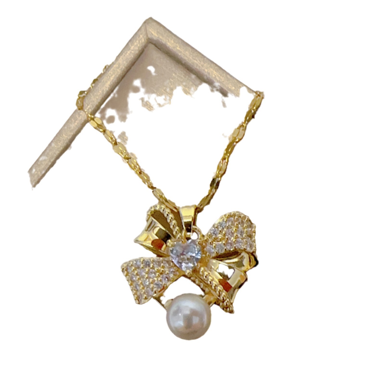 Titanium Steel Heart-shaped Zircon Bow Pearl Ear Stud Necklace Sweet