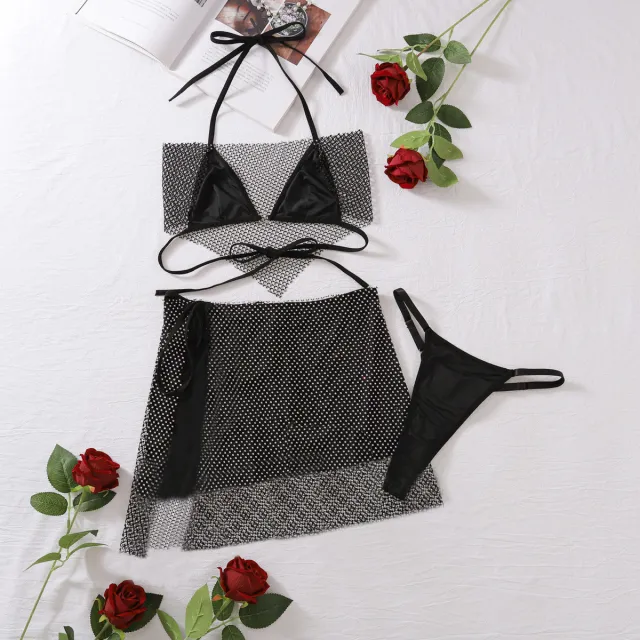 Mesh Colorful Crystals Underwear Strap Halter Beauty Back Three piece Set For Women Silver - Shop at LoveMi