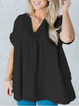 Summer New Solid Color And V neck Cotton And Linen Loose fitting Casual T shirt Women Black - Shop at LoveMi