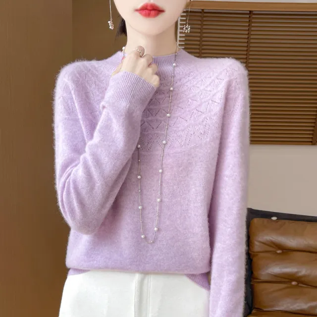 Front Line Ready made Garments Half collar Wool Sweater Women's Inner Wearing Hollow out Loose Knitted Base Purple - Shop at LoveMi