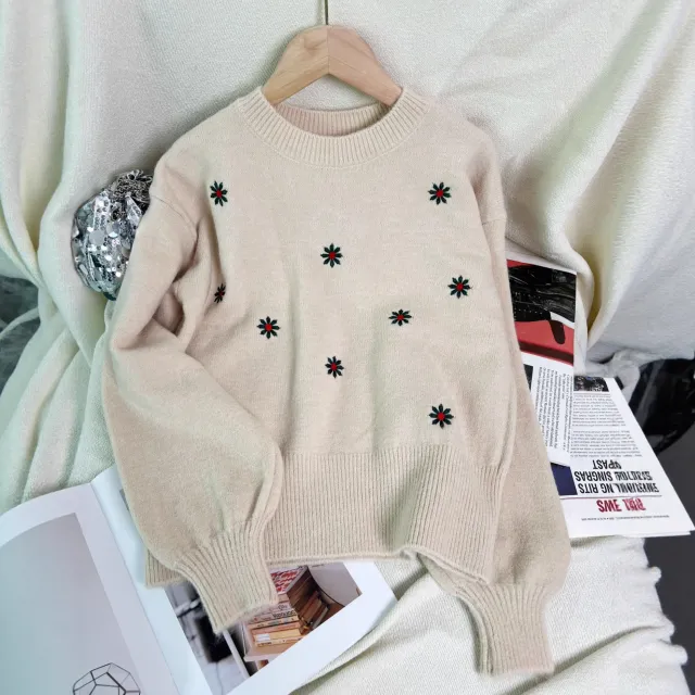 Women's Casual Embroidered Flower Sweater Apricot - Shop at LoveMi