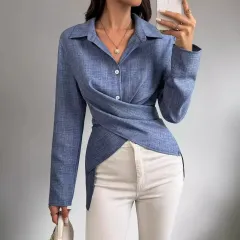 Women's Long-sleeved Cross-tied Pleated Shirt - Navy Blue - View 1
