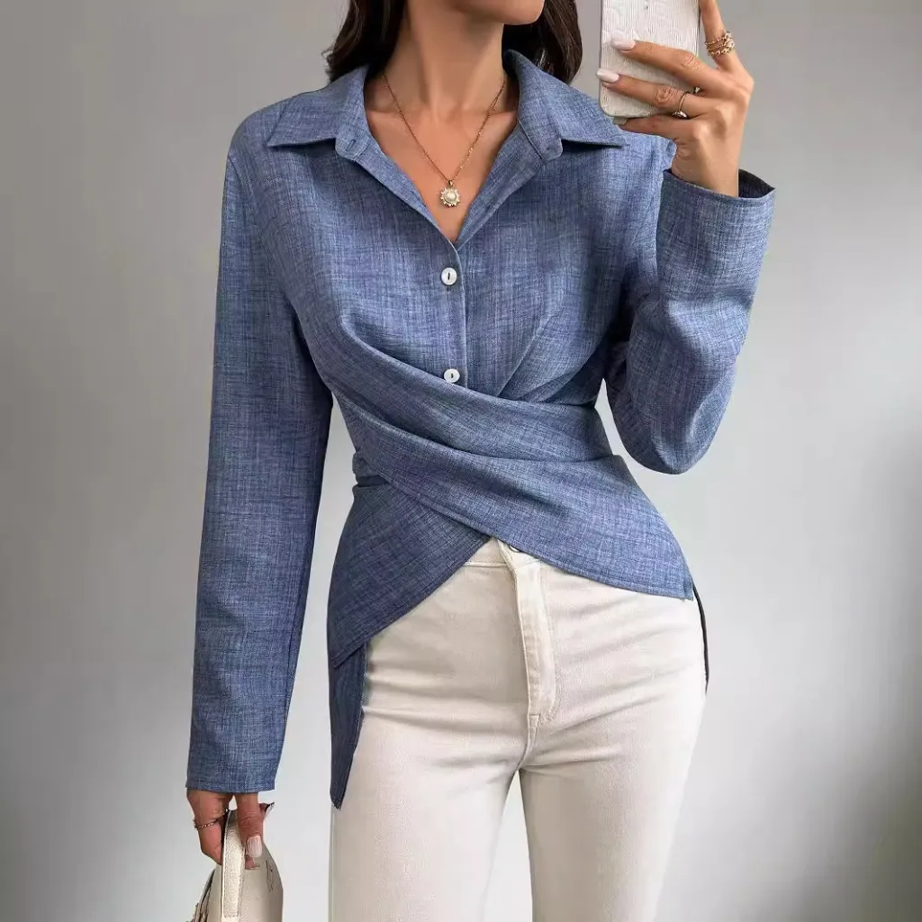 Women's Long-sleeved Cross-tied Pleated Shirt - Navy Blue