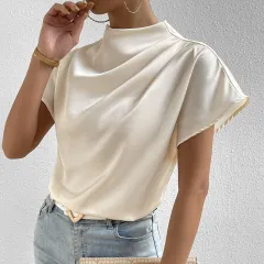 European And American Round Neck Solid Color Temperament Folding Loose Women's Tops - Apricot - View 1