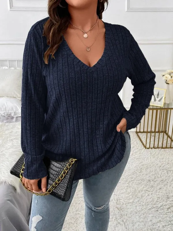 Top V neck Long Sleeve Sunken Stripe Brushed Loose Pullover Dark Blue - Shop at LoveMi