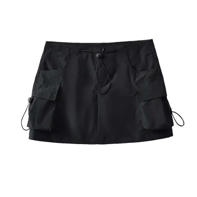 Low Waist Drawstring Elastic Side Workwear With Pocket Skirt Black - Shop at LoveMi