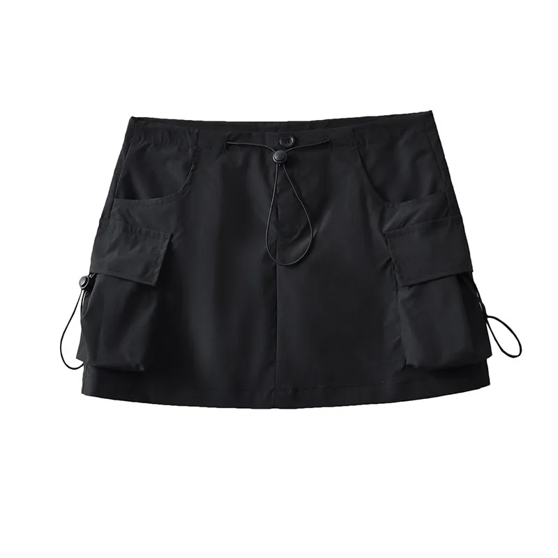 Low Waist Drawstring Elastic Side Workwear With Pocket Skirt - Black