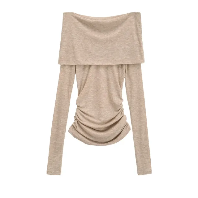 Pleated Micro transparent Double layer Off shoulder Slim Fit Long sleeved T shirt Oatmeal Color - Shop at LoveMi