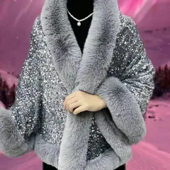 Fleece-lined Thicken Big Fur Collar Sequined Shawl - Grey - View 1