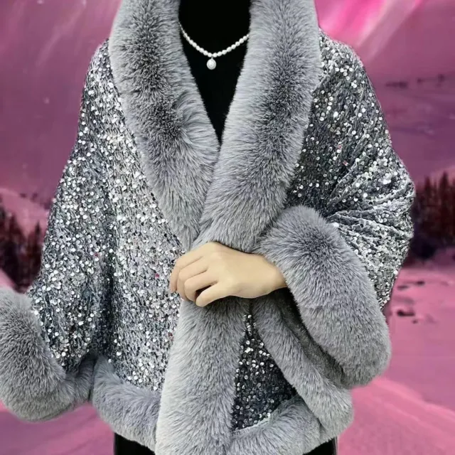 Fleece lined Thicken Big Fur Collar Sequined Shawl Gray - Shop at LoveMi
