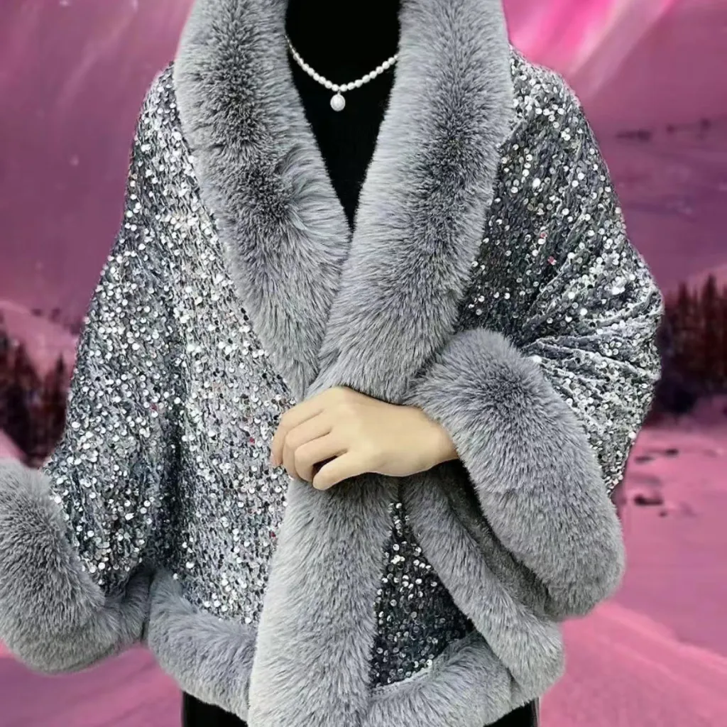 Fleece-lined Thicken Big Fur Collar Sequined Shawl - Grey