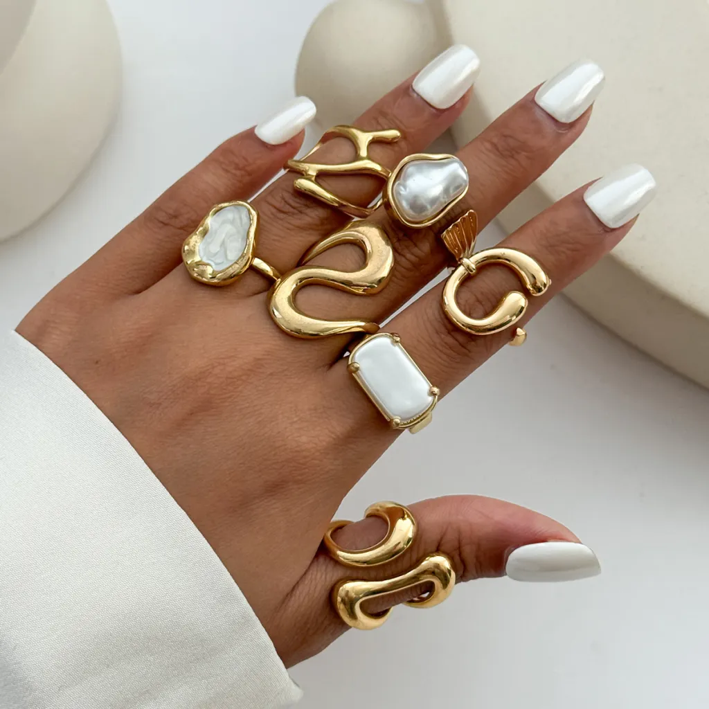 Open-end Pearl Ring Set Geometric Ring - Gold 7 Sets