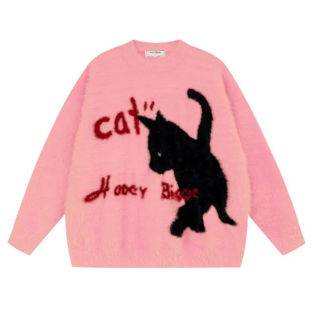Lazy Cat Mink like Thickened Loose Round Neck Sweater Pink - Shop at LoveMi