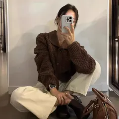 Retro Short Sweater Cardigan Women's Knitting Coat - Brown - View 1