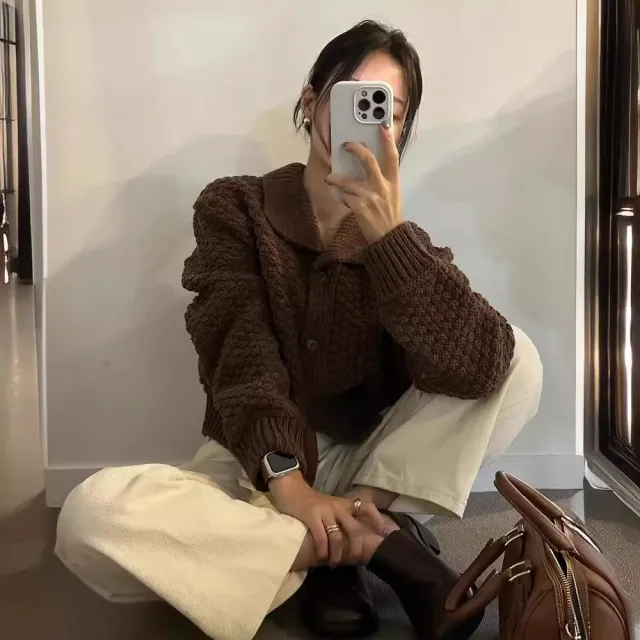 Retro Short Sweater Cardigan Women's Knitting Coat Brown - Shop at LoveMi